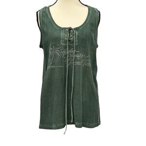 Harley Davidson Biker Lace Up Rhinestone Tank Top Green Grand Tour Womens Size L
